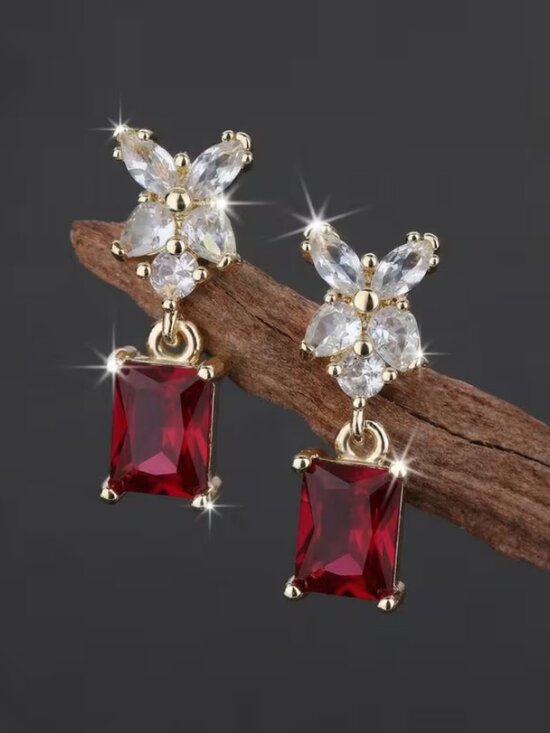 14K Gold Hanging Drop 2ct Red Ruby Gemstone 1ct Diamond Earrings Ladies Jewelry main image 1